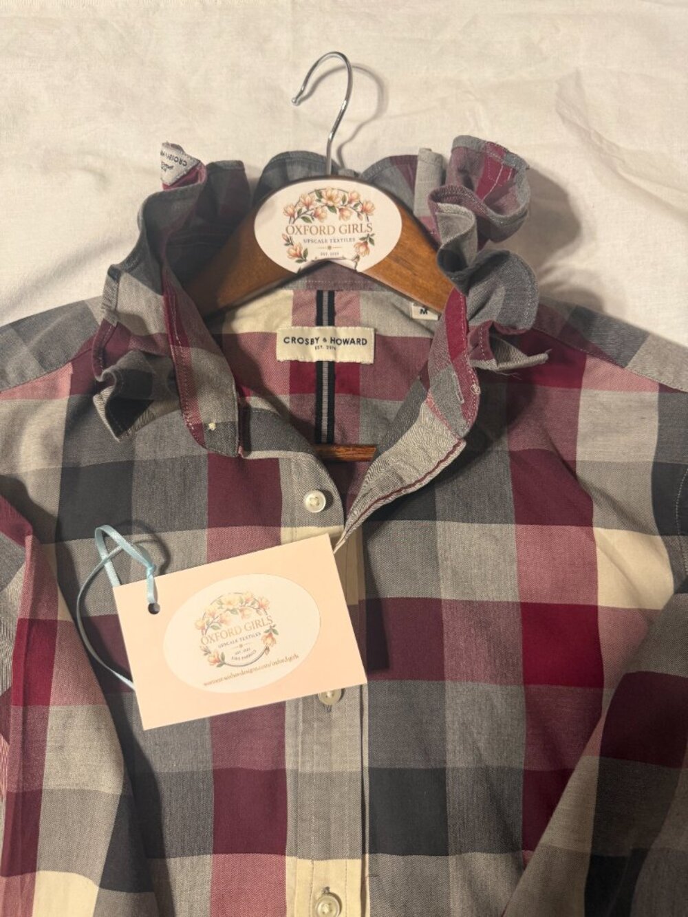 Upcycled Plaid Ruffle Collar Blouse | Women’s Large | Burgundy Gray & Cream Plai